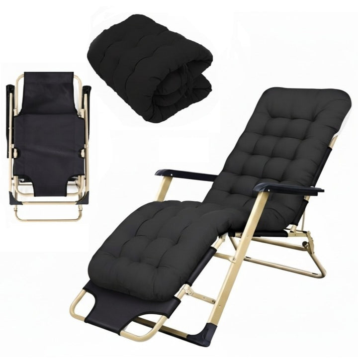 Sezlong pliabil gradina, Zola, rabatabil, spatar reglabil, perna inclusa, tetiera detasabila, cadru otel, 66 x 97 x 95 cm, negru/auriu