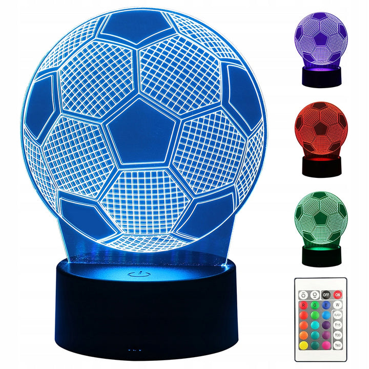 Lampa 3D pentru noptiera, Zola, model minge de fotbal, LED, RGB, telefomanda, cablu USB, 17.5 x 9.5 cm