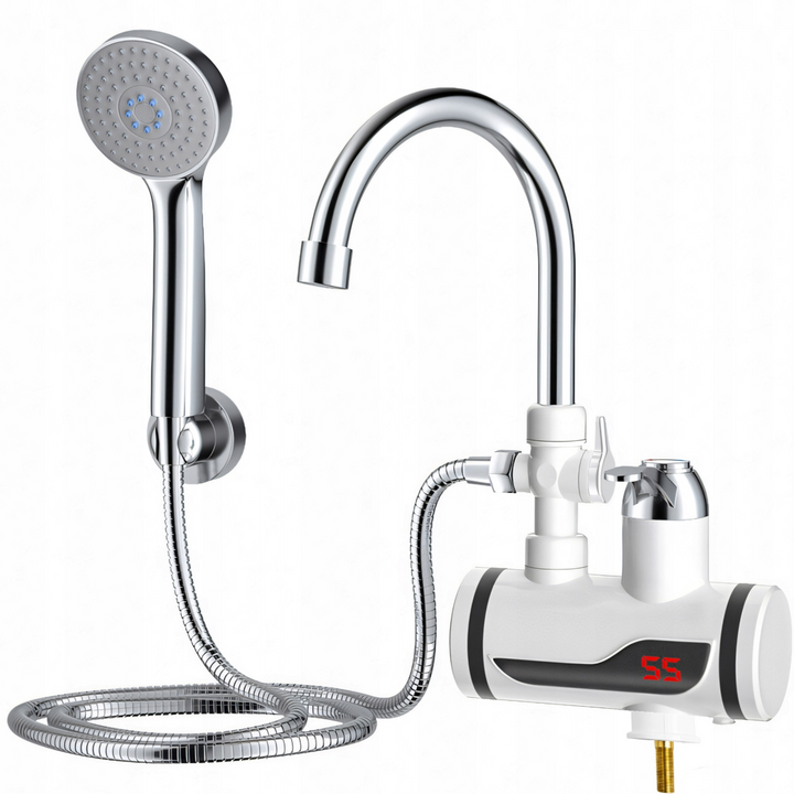 Robinet electric instant pentru apa calda cu dus, Zola, 3000W, afisaj LCD, temperatura reglabila 30-60°C, filet 3/4", IPX4, montare pe perete, alb/argintiu