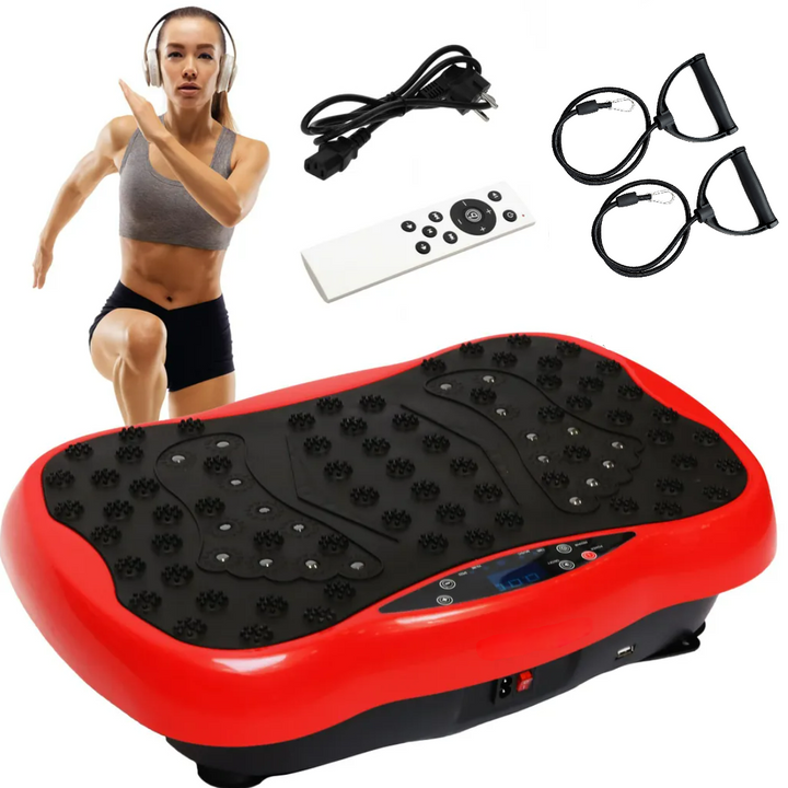 Aparat fitness cu vibromasaj, Zola, 200W, 3 programe, 120 niveluri viteza, amplitudinea vibratiei 10 mm, Bluetooth, difuzoare incorporate, afisaj tactil, telecomanda, rosu/negru