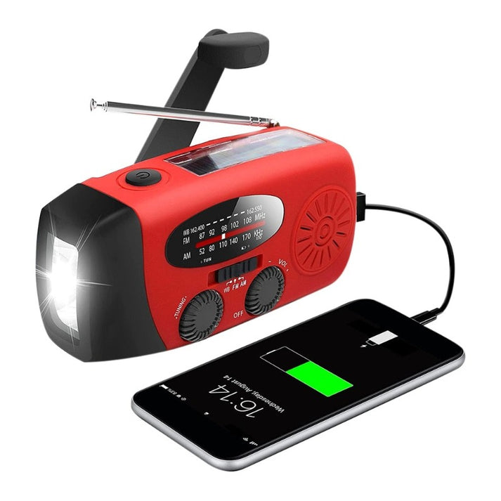 Radio multifunctional 3 in 1 portabil, Zola, lanterna LED , SOS, incarcare solara/manuala/USB, functie de incarcare a telefonului mobil, rezistenta la apa, 2000 mAh, AM/FM, 130 x 60 x 45 mm, negru/rosu