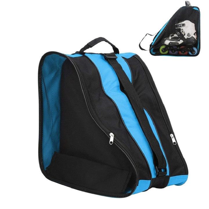 Geanta de transport pentru patine si role, Zola, 2 compartimente, inchidere fermoar, manere, curea umar, Oxford, 40 x 38 x 28 cm, negru/albastru