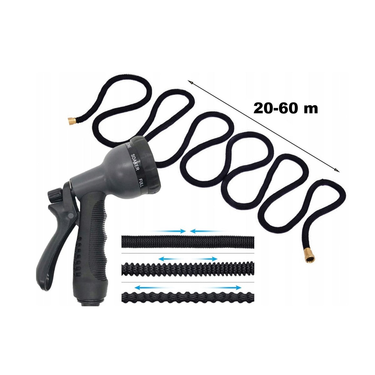 Furtun de gradina,  Zola®, flexibil si extensibil, cap de prindere, saculet de depozitare, 20-60 m, negru