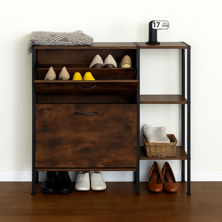 Pantofar modern, Zola, 2 sertare duble pentru incaltaminte, raft lateral, 3 polite, 88 x 24 x 87 cm, stejar fumuriu