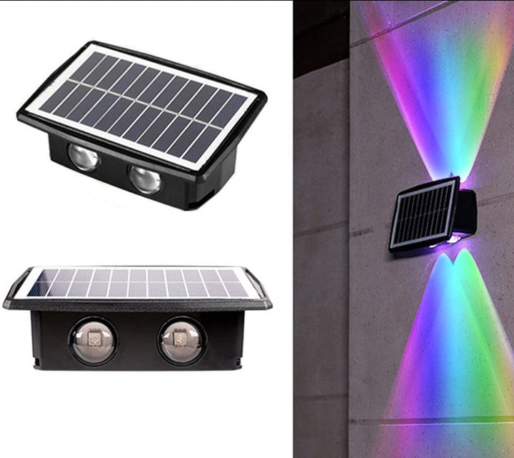 Lampa solara, UBX, lumina sus/jos, impermeabila, 4 led-uri, IP65, lumina multicolora, 15.5x10x5.5 cm, neagra