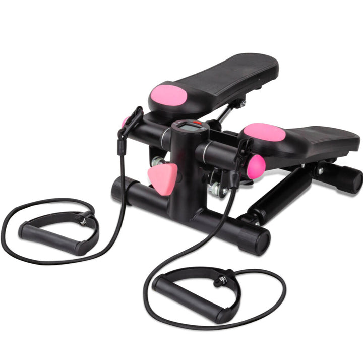 Stepper cu corzi 2 in 1, Zola, afisaj LCD, timp antrenament, numar repetari, calorii arse, greutate suportata 100 kg, lungime corzi 80 cm, 30 x 37 x 18.5 cm, negru/roz