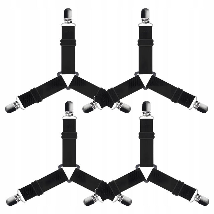 Set 4 accesorii de fixare a cearsafului, Zola, lungime reglabila, cleme fixare, universale, negre