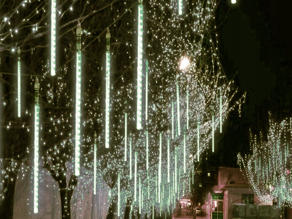 Instalatie de Craciun, Zola®, 8 Tuburi LED Ploaie de meteori, lungime totala 4.5 m, lungime tub 50 cm, lumina calda, 7V, impermeabilitate IP44, 244 leduri