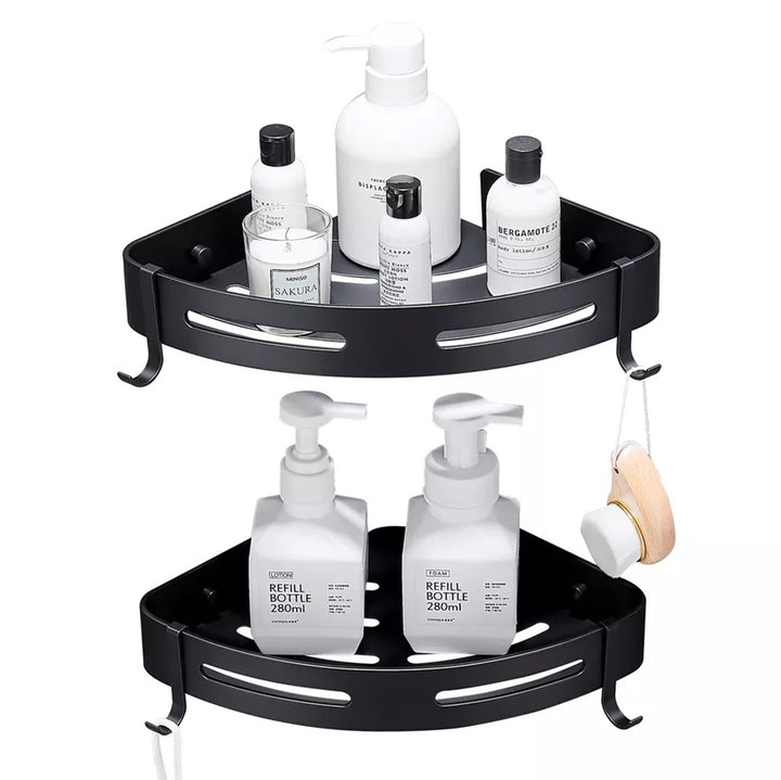 Set 2 rafturi de colt pentru perete, Zola®, otel inoxidabil, 28.5x21x3.5 cm, negru