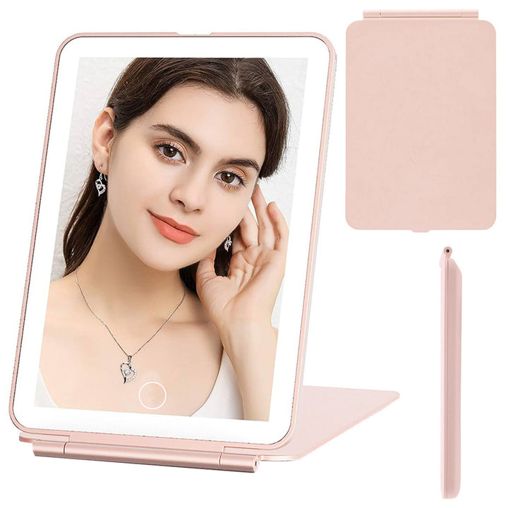 Oglinda cosmetica pliabila,  Zola, lumini LED, 3 moduri de iluminare, buton tactil, cablu USB, 20 x 13.5 x 1.5 cm, roz