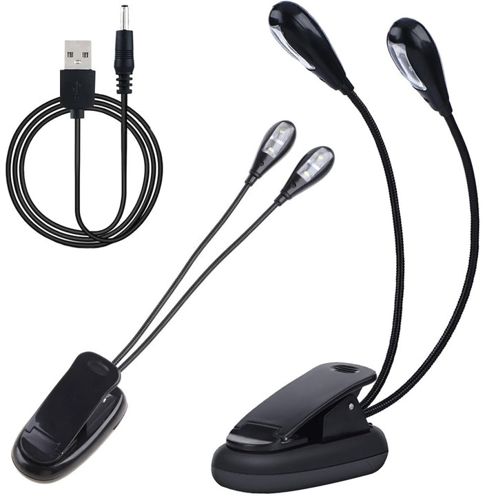 Lampa LED dubla pentru citit, Zola, brate flexibile, fixare clema, alimentare baterii/USB, cablu insclus, plastic, 23 cm, neagra
