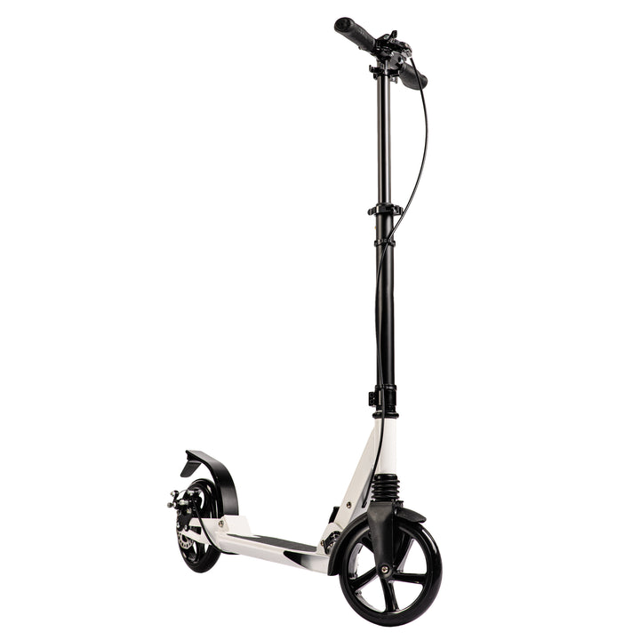 Trotineta WhiteFrame, Zola, suspensie fata spate, frana disc spate, cric, blocare dubla ghidon, antiderapanta, greutate maxima 100kg, roti cauciuc 20cm, rulmenti ABEC-9, pliabila, greutate 6.5kg, aluminiu, 90x 37x 105 cm, alb/negru