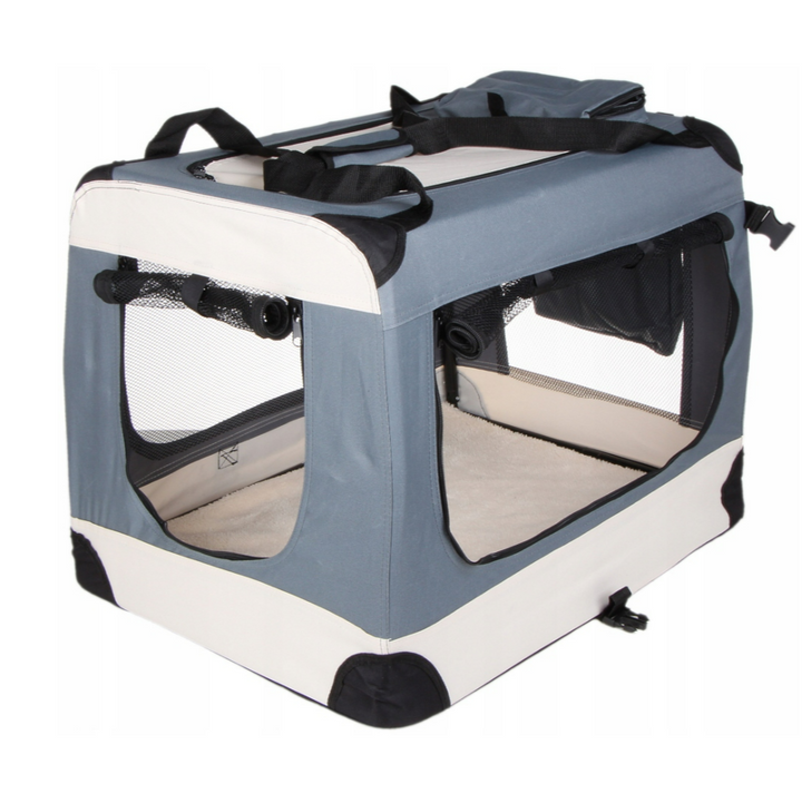 Geanta transport animale, Zola, mod tip tarc, deschidere de ventilatie, pentru pisici si animale mici, pliabila, otel si PVC, 60x42x44 cm, crem/blue