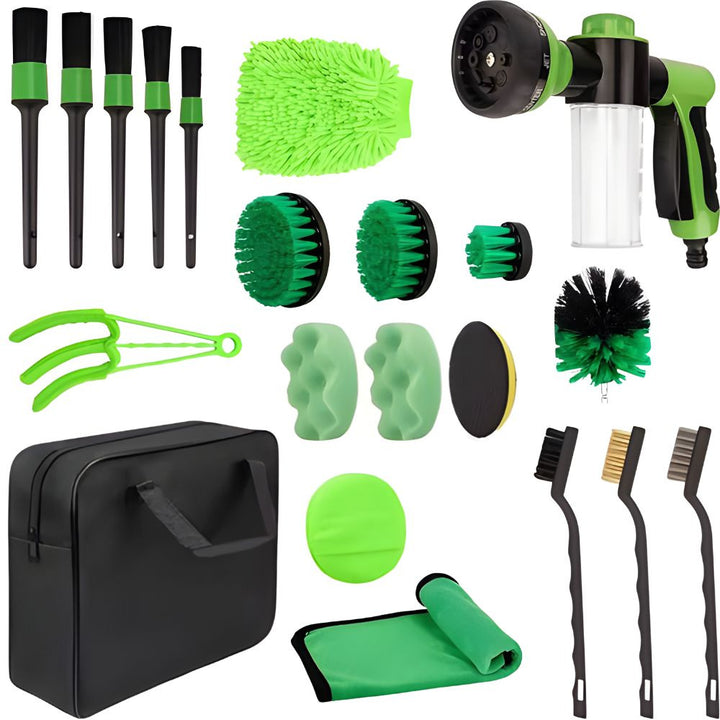 Kit 21 piese pentru detailing auto, Zola, curatare interior si exterior, pistol spalare, perii, bureti, pensule, manusa, geanta de depozitare, negru/verde