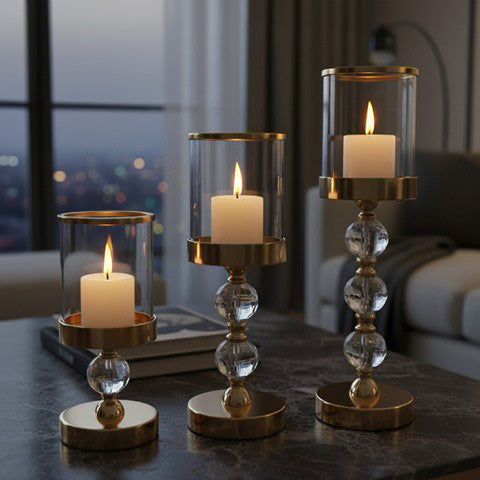 Set 3 suporturi lumanare tip sfesnic, Zola, insertii de oglinda, dimensiuni diferite 18/34.5/41 x 12 cm, sticla/metal, auriu