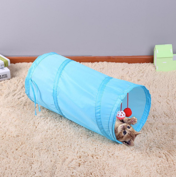 Jucarie distractiva pentru pisici, Zola®, model tunel pentru ascunzatoare cu zornaitoare, poliester, 50x25 cm, albastru