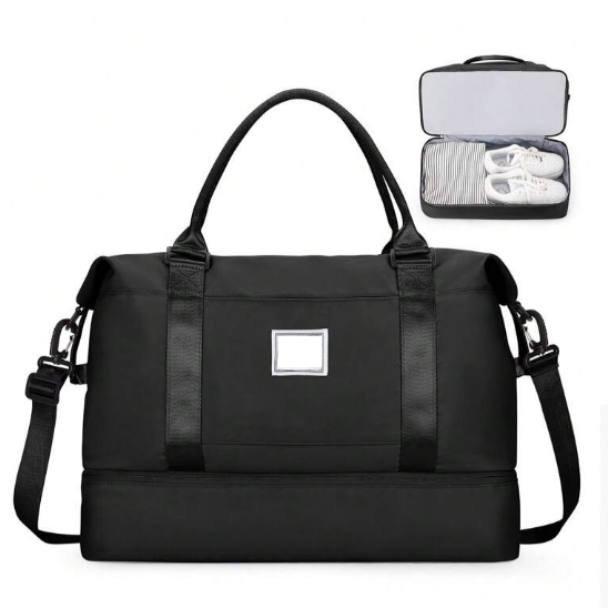Geanta multifunctionala de voiaj/sport, Zola, compartiment incaltaminte, breatea de umar reglabila, curele de mana, sistem agatare pe troler, impermeabila, material Oxford, 50 x 25 x 35 cm, neagra