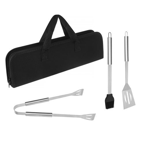 Set ustensile gratar 3 piese, Zola, cleste, spatula, pensula, otel inoxidabil, geanta transport, argintiu/negru