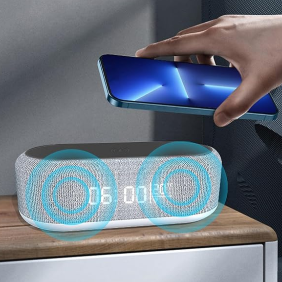 Ceas de masa, Zola®, lampa de noptiera, incarcare Wireless, alarma, afisarea temperaturii, 20.5x6.5x9.5 cm, gri/negru