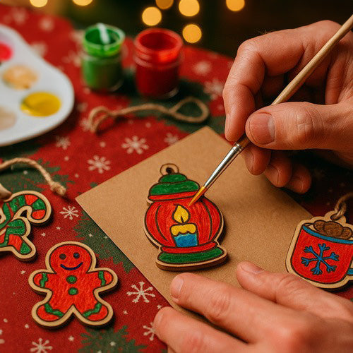 Set 24 globuri lemn pentru pictat, Zola, diferite modele, snururi incluse, 7 x 7 cm, bej