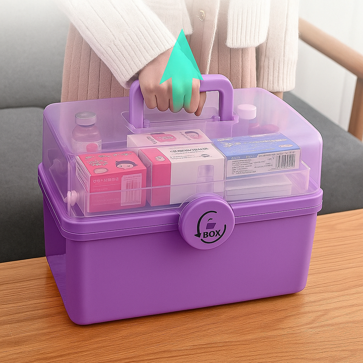 Cutie de medicamente organizatoare, Zola, 2 rafturi mobile,  32 x 20 x 15 cm, 6 compartimente,  sistem de inchidere, maner de transport, mov