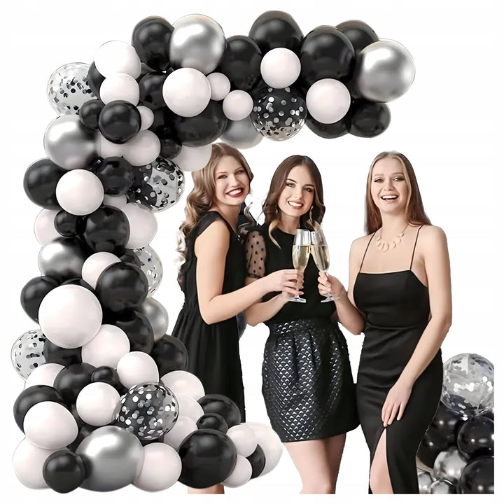 Set 107 baloane cu confetti pentru arcada, Zola, diferite marimi, 100 buline dublu adezive, 5 m panglica, alb/negru