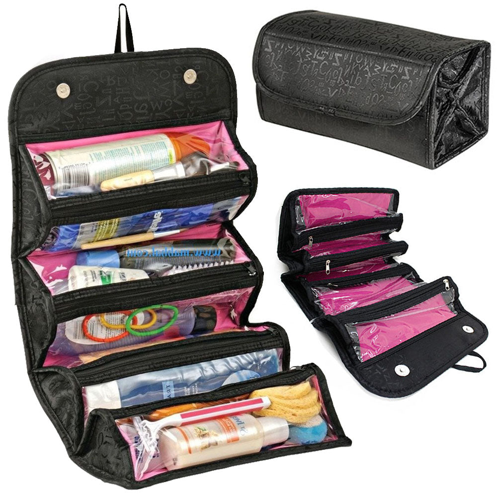 Organizator de voiaj, Zola®, pentru produse cosmetice, 3 buzunare cu fermoar, negru-roz