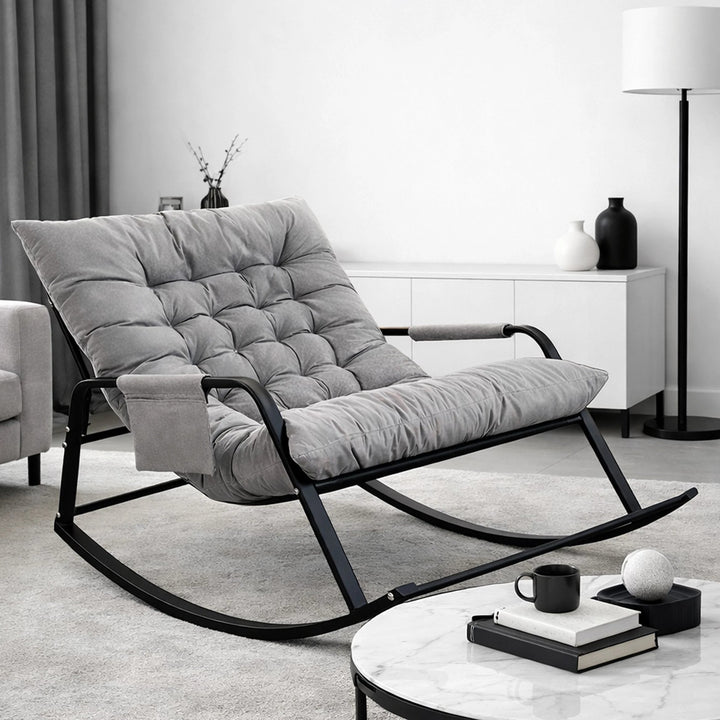 Fotoliu balansoar dublu, Zola, 126×91×69 cm, perna confortabila, buzunar lateral, cadru metalic, pentru interior, terasa, balcon, negru/gri
