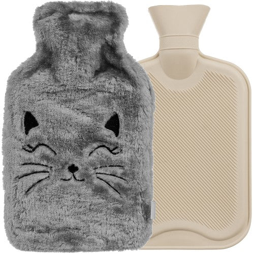 Perna pentru apa calda, Zola, capacitate 1.8 l, din cauciuc, cu husa pufoasa, model pisicuta, gri