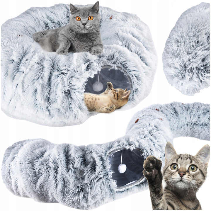 Culcus 3 in 1 cu tunel de joaca pentru pisici, Zola, transformabil, pernita detasabila, cu bila agatata, plus moale, 2 x 85 cm, gri