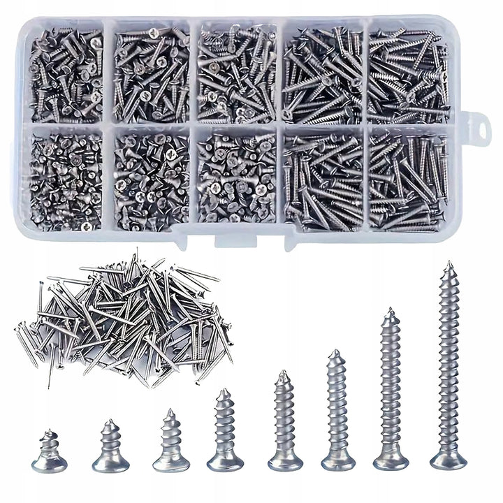 Set 800 suruburi M2, Zola, 4-20 mm, cruce/plat, otel carbon nichelat, cutie depozitare, 13 × 6.5 × 2.5 cm