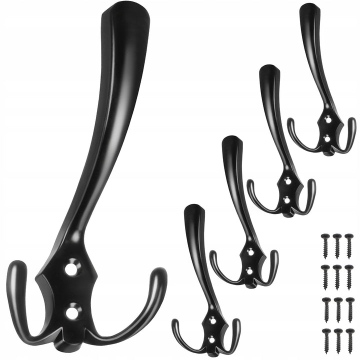 Set cuier pentru mobila, Zola, 5 bucati, metalic, 3 carlige, negru