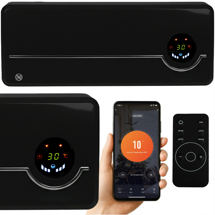 Aeroterma electrica Smart de perete, Zola, 2000W, 3 moduri functionare, Swing, Eco, temporizator 1-24h, afisaj LED, Tuya, telecomanda, 50 x 18 x 13 cm, negru