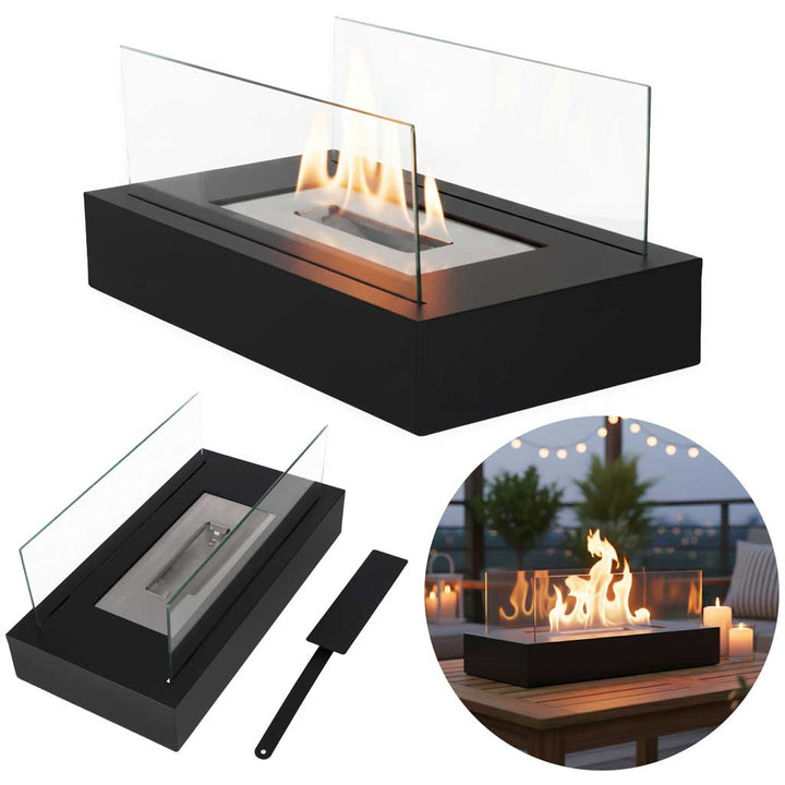 Semineu portabil cu sticla pe bioetanol, Zola, stil loft, interior/exterior, 35 x 18 x 15 cm, metal, negru