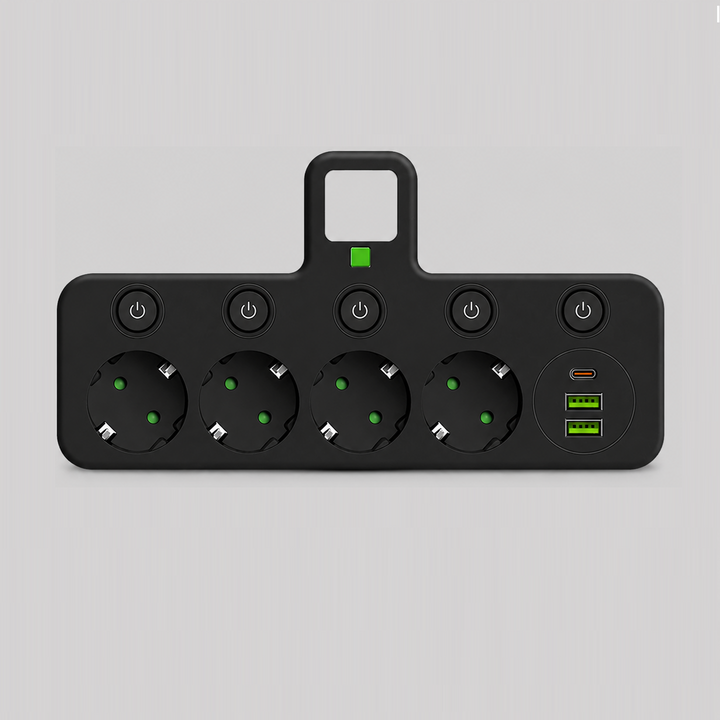 Adaptor priza multipla cu lumina de veghe LED, Zola, 4 prize cu intrerupatoare individuale, 2 x USB-A, USB-C, 2500W, negru