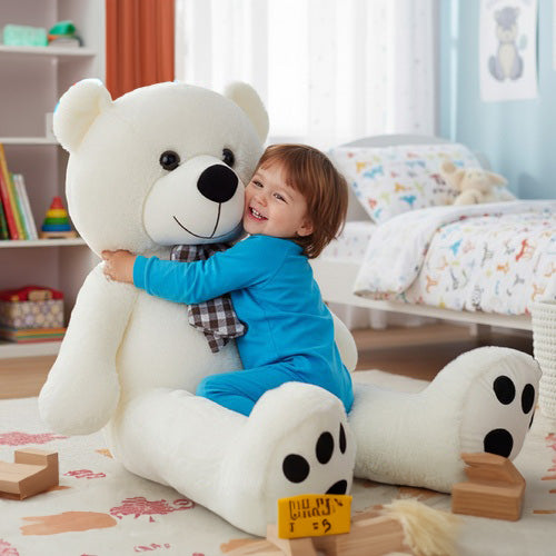 Ursulet de plus gigantic, Zola, 180 cm, funda carouri, corp flexibil, umplutura bumbac PP, poliester moale, crem