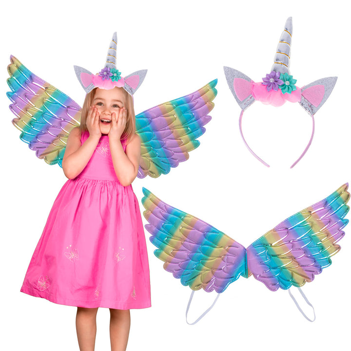 Costum carnaval pentru fetite, Zola®, model unicorn, aripi multicolore si coronita, varsta 3-6 ani