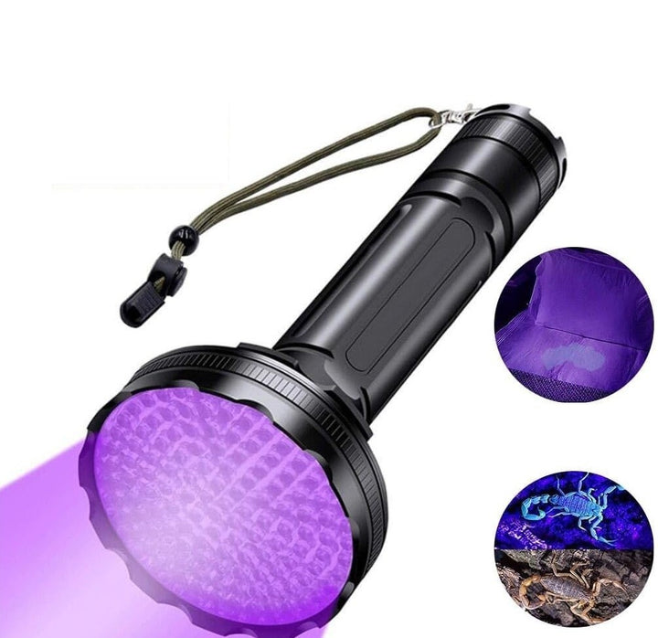 Lanterna tactica UV, Zola, 128 diode LED, 395 nm, rezistenta la apa, IPX4, alimentare baterii, aliaj aluminiu, 18 x 8.8 x 3.7 cm, neagra