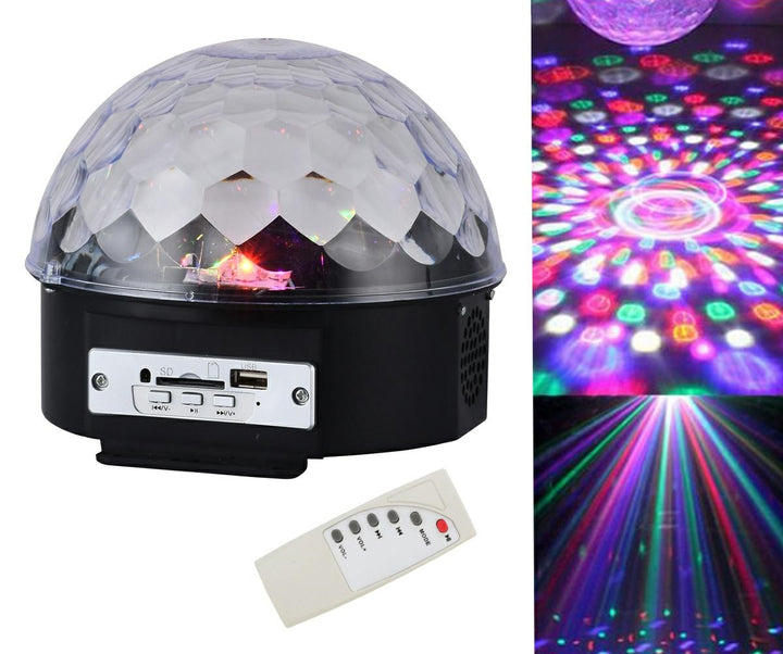 Bec proiector disco, Zola®, MP3, cu 6 LED-uri puternice de diferite culori, alimentare 230 V, la retea, cu telecomanda, 18W, 18x18x15 cm