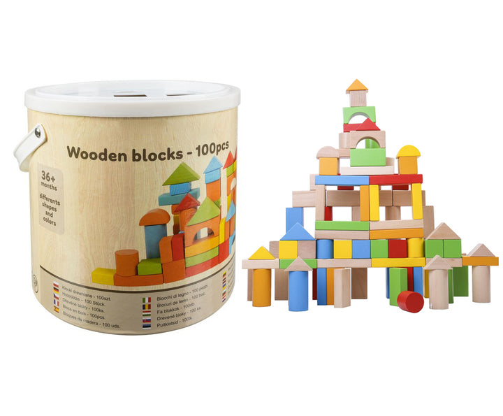 Set 100 de cuburi din lemn, Zola®, colorate pentru construit, cutie depozitare, 36 luni