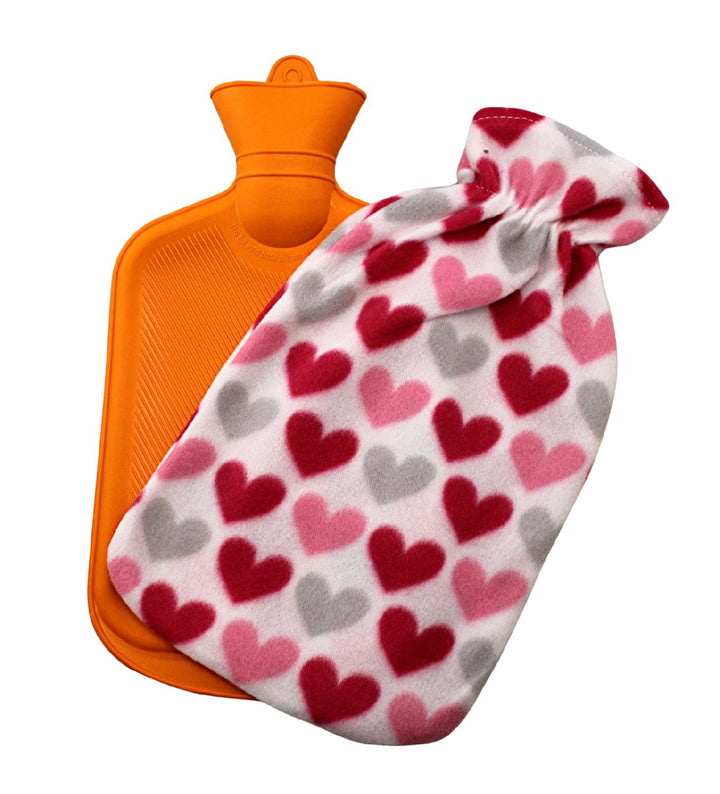 Perna pentru apa calda, Zola®, capacitate 1.7 l, din cauciuc cu husa pufoasa, alb cu inimioare , 34 x 19 cm