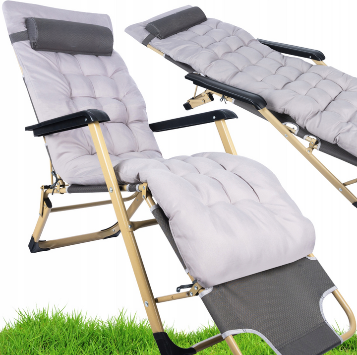 Sezlong de gradina pliabil si rabatabil cu manere, Zola, spatar reglabil, functie pat, perna confortabila inclusa, pernita pentru gat detasabila, cadru otel, greutate suportata 120 Kg, 180 x 46 x 24 cm, gri
