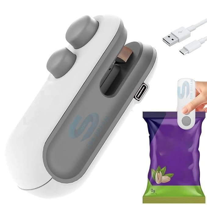 Aparat de sigilat pungi, Zola®, de buzunar, util in orice casa, incarcare cablu USB, 10x4x5 cm, alb/gri