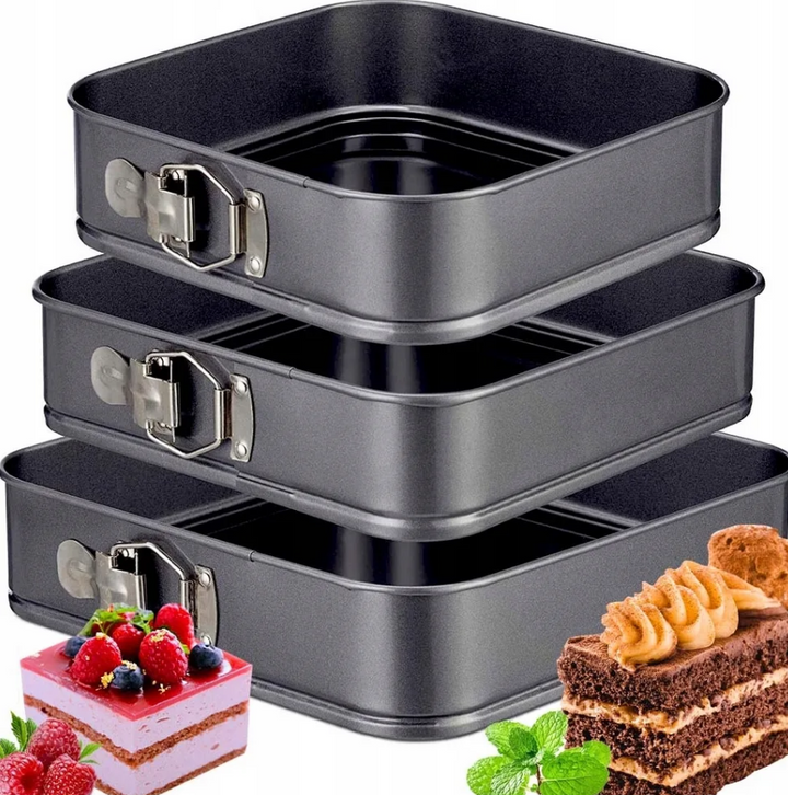 Set 3 tavi pentru copt, Zola®, marimi diferite, antiderapante, fund detasabil, forma patrata, negre