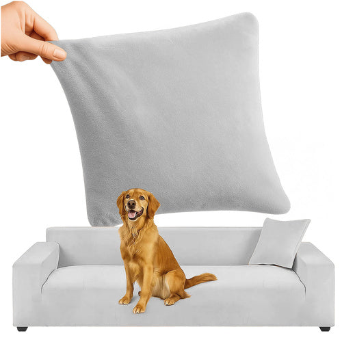 Husa din catifea pentru canapea si fata de perna, Zola, lungime 145-185 cm, dimensiuni perna 45 x 45 cm, benzi elastice, impermeabila, gri deschis