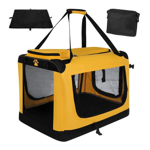 Geanta transport caini si pisici, Zola, pliabila, tip tarc, 3 intrari, greutate suportata 25 kg, cadru metaliz, plasa, 60 x 42 x 44 cm, galben / negru