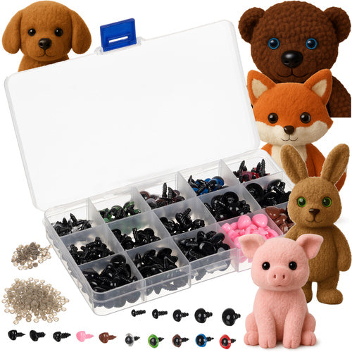 Set 280 ochi pentru jucarii, Zola, 5 dimensiuni 6-14 mm, 6 culori, inchidere capsa, dispozitiv siguranta, plastic, cutie de depozitare