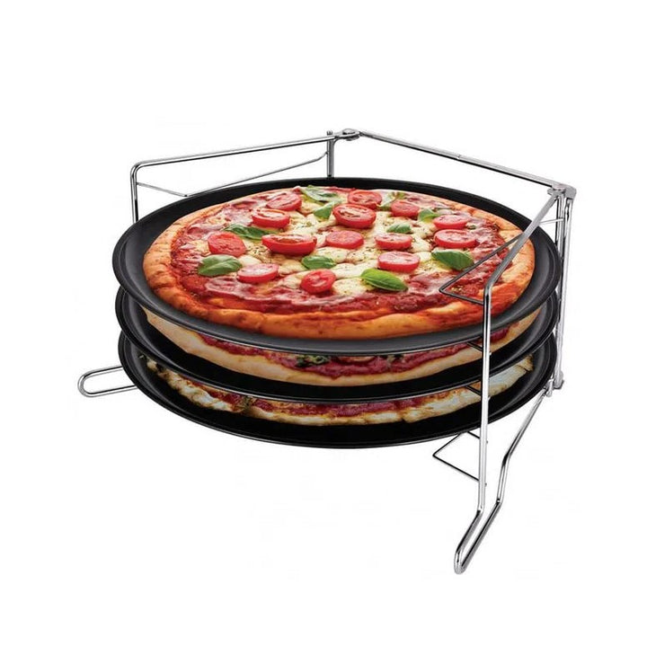 Set 3 tavi pentru pizza, Zola®, cu suport pliabil, diametru tava 30 cm, negre