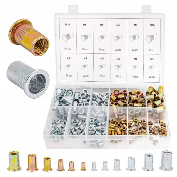 Set 300 de piulite cu nit, Zola, dimensiuni M3/4/5/6/8/10, 150 otel, 150 aluminiu, universale, cutie de depozitare
