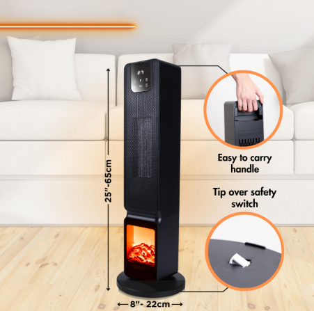Aeroterma verticala smart WiFi cu efect de semineu, Zola, 2000 W, telecomanda, oscilatie si termostat reglabil, temporizator, 21 x 21 x 66 cm, negru